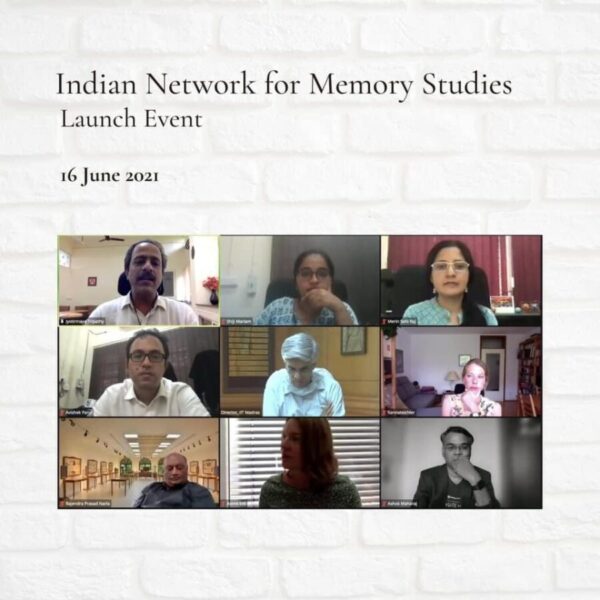 The launch event of the Indian Network for Memory Studies: featuring Jyotirmaya Tripathy (top-left), Merin Simi Raj (top-right), Avishek Parui (centre-left), Bhaskar Ramamurthi (centre), Hanna Teichler (centre-right), Rajendra Prasad Narla (bottom-left), Astrid Erll (bottom-centre), and Ashok Maharaj (centre-right)