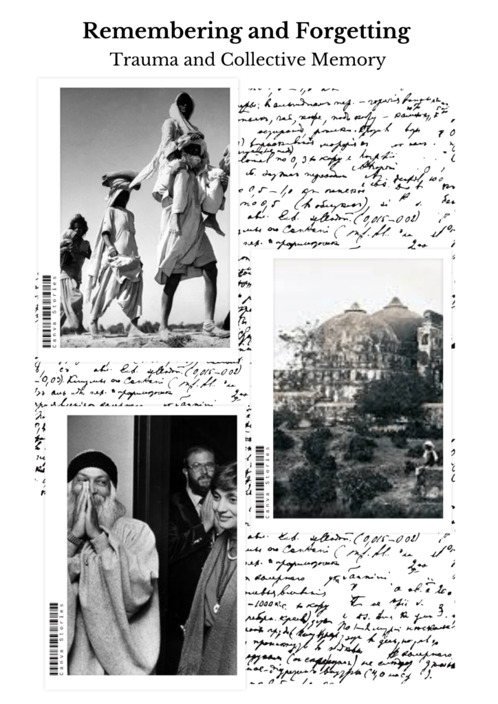 A poster on trauma and collective memory by Angel Maria Varghese showing three photographs including people travelling on foot in a barren area, an old domed structure, and a spiritual man with a woman and another man